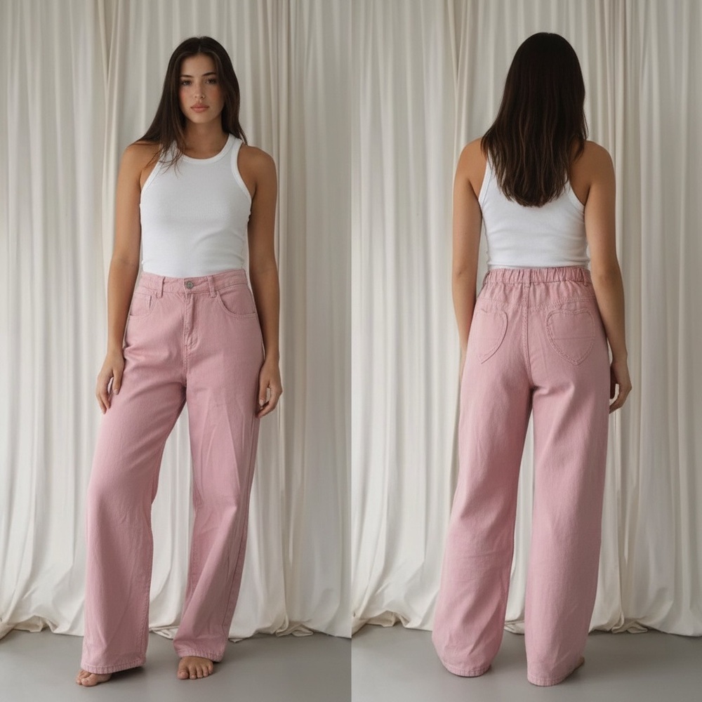 High-Waist Wide Leg Pants in Dusty Rose with heart pockets